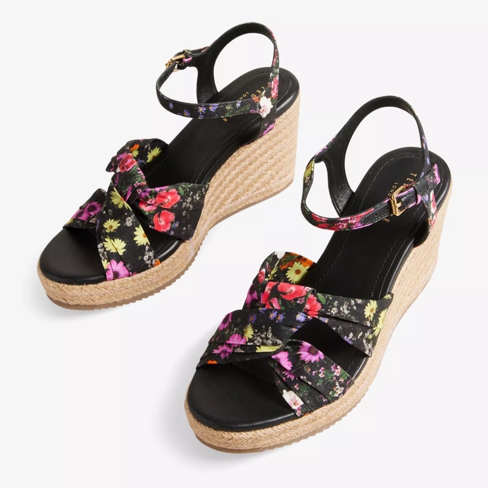 Ted Baker Cardima Soft Knot Wedge Sandals Floral Cotton Open Toe Ankle Strap